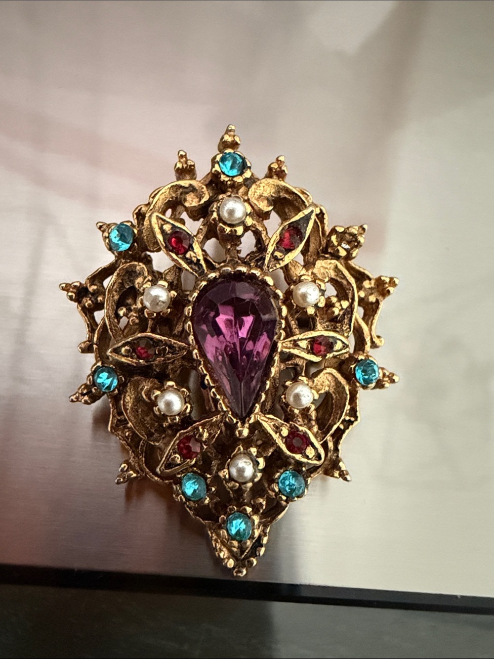 ART Vintage  Gold Filigree Brooch with Purple Teardrop Crystal